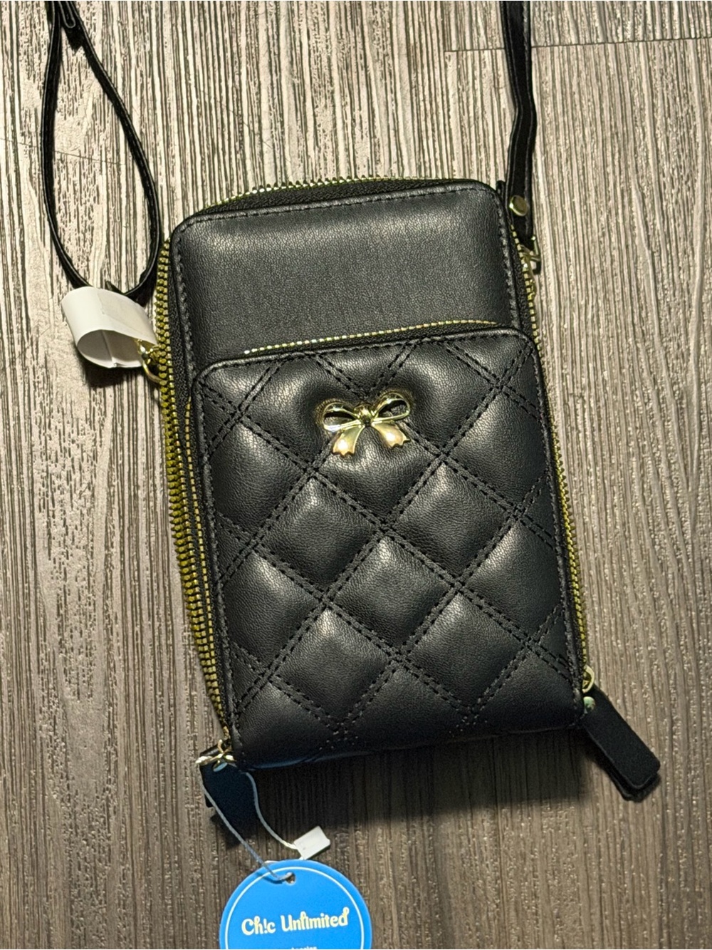 Black Quilted Crossbody Phone Wallet with Gold Bow